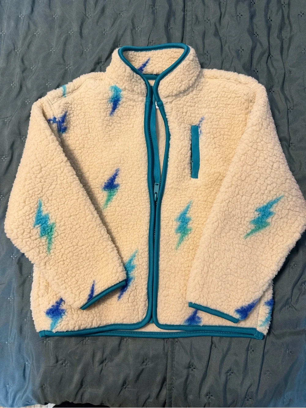 Old Navy Cream Sherpa Jacket with Teal & Blue Lightning Bolts